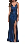 La Femme Metallic Ruffle Jersey Gown In Navy