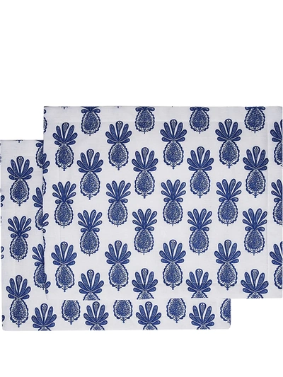 La Doublej Set Of Two Pineapple-print Linen Placemats In Pineapple Blu