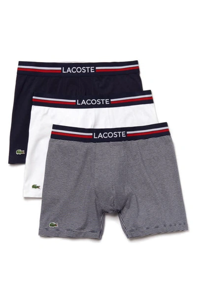 Lacoste Long Stretch Cotton Jersey Boxer Brief 3-pack In Navy Blue Assorted