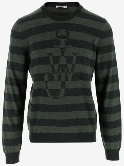 Jw Anderson Green Striped Logo Sweater