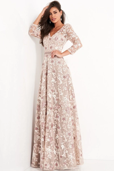 Jovani Floral Embroidered V Neck Gown