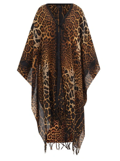Saint Laurent Fringed Leopard-print Wool Wrap In Neutral