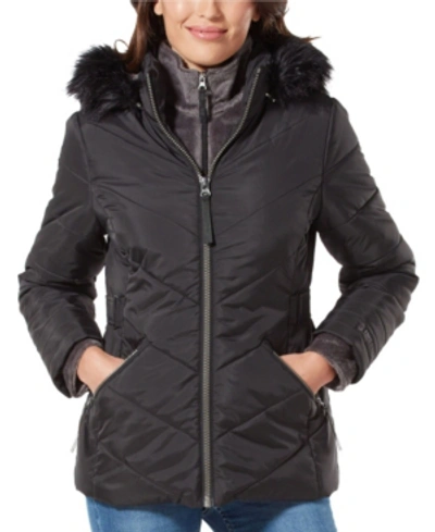 Free Country Quilted Coat With Faux Fur Hood & Interior Bib In Black