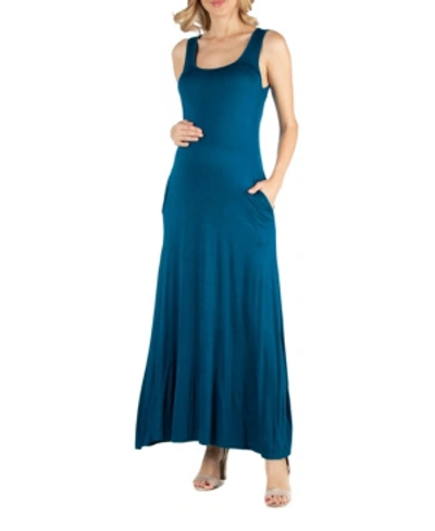 24seven Comfort Apparel Scoop Neck Sleeveless Maternity Maxi Dress With Pockets In Turquoise