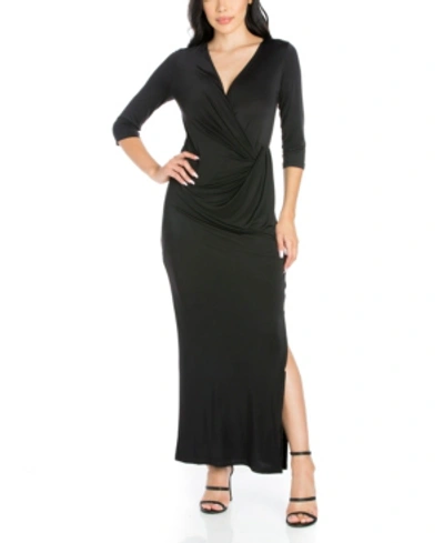 24seven Comfort Apparel Women's Fitted V-neck Side Slit Maxi Dress In Black