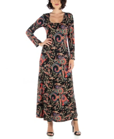 24seven Comfort Apparel Women's Long Sleeve Floral Print A-line Maxi Dress