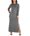 24seven Comfort Apparel Form Fitting Long Sleeve Side Slit Plus Size Maxi Dress In Gray
