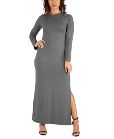 24seven Comfort Apparel Women's Long Sleeve Side Slit Fitted Maxi Dress In Gray