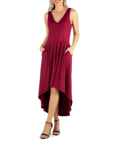 24seven Comfort Apparel Women's Sleeveless Fit And Flare High Low Dress In Burgundy