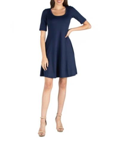 24seven Comfort Apparel A-line Knee Length Dress With Elbow Length Sleeves In Navy