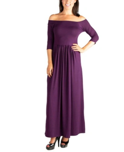 24seven Comfort Apparel Women's Off Shoulder Pleated Waist Maxi Dress In Purple
