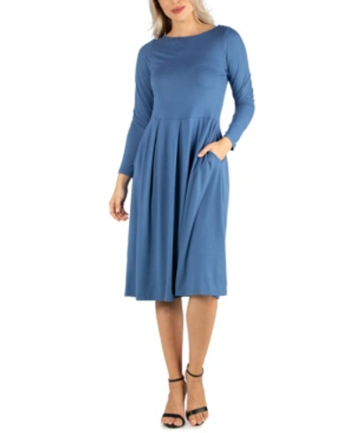 24seven Comfort Apparel Midi Length Fit And Flare Pocket Maternity Dress In Indigo