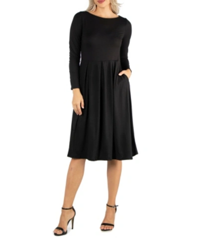 24seven Comfort Apparel Midi Length Fit And Flare Pocket Maternity Dress In Black