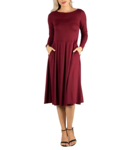 24seven Comfort Apparel Plus Womens Pleated Long Sleeve Midi Dress In Wine