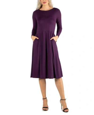 24seven Comfort Apparel Women's Midi Length Fit And Flare Pocket Dress In Purple