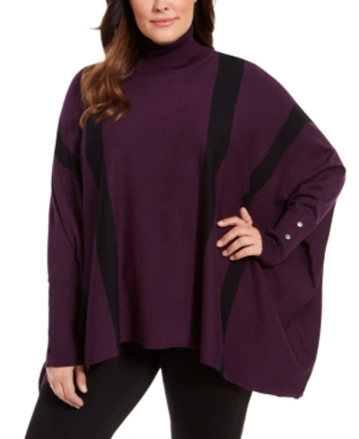 Alfani Plus Size Striped Poncho Sweater, Created For Macy's In Dark Fig Black