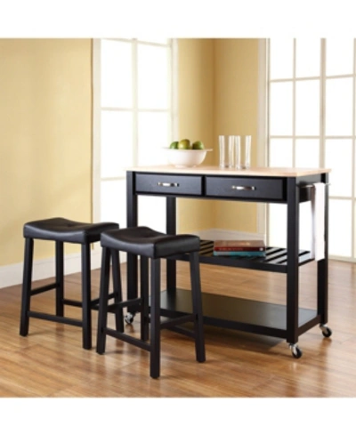 CROSLEY NATURAL WOOD TOP KITCHEN CART ISLAND WITH 24" UPHOLSTERED SADDLE STOOLS
