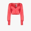 Rotate Birger Christensen Joni Cropped Gathered Shell Blouse In Rot