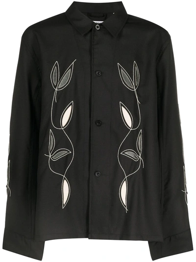 Our Legacy Leaf-embroidered Long-sleeve Shirt In Black