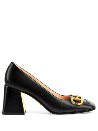 Gucci Baby Leather Horsebit Block-heel Pumps In Black