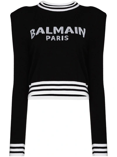 Balmain Logo-intarsia Crew-neck Jumper In Black