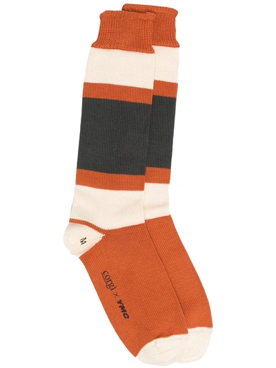 Ymc You Must Create Long Colour Block Socks In Orange