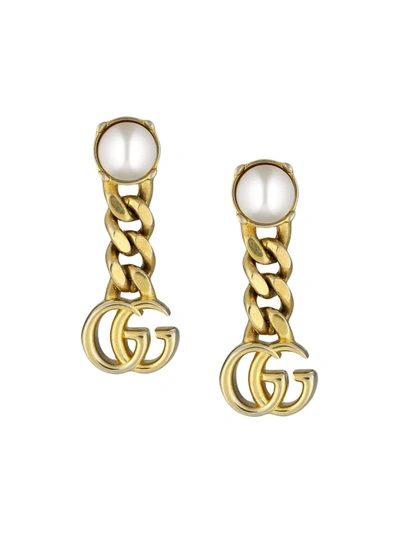 Gucci Gold-tone Faux Pearl Double G Drop Earrings