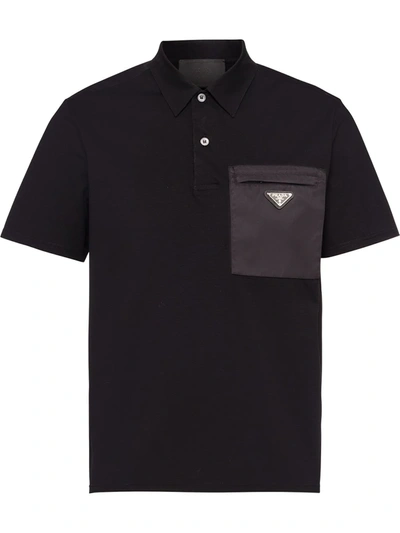 Prada Stretch Cotton Polo Shirt With Nylon Details In Black/black