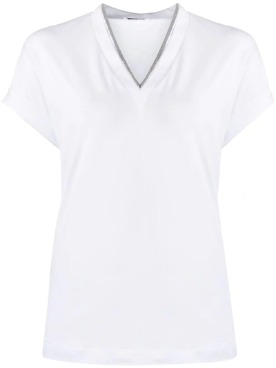 Brunello Cucinelli Silvery Trim V-neck T-shirt In White