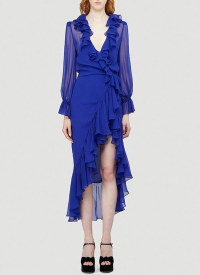 Saint Laurent Ruffled Sheer Silk Muslin Midi Dress In Blue