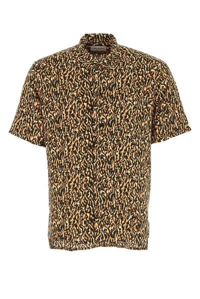 Saint Laurent Leopard-print Short-sleeved Silk Shirt In Brown