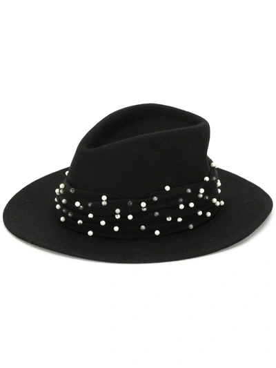 Eugenia Kim Blaine Faux Pearl-embellished Tulle-trimmed Wool-felt Fedora In Black