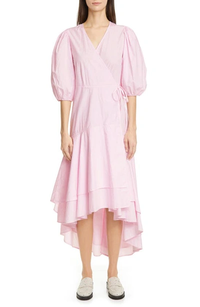 Ganni Puff Sleeve Organic Cotton High/low Wrap Dress In Cherry Blossom