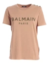 BALMAIN BUTTONS ON THE SHOULDER T-SHIRT IN NUDE COLOR