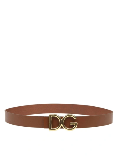 Dolce & Gabbana Dg Logo Belt In Brown And Gold In Leather