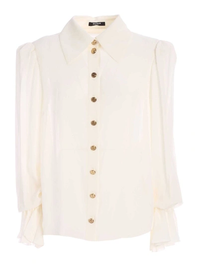 Balmain Silk Shirt With Embossed Buttons In White