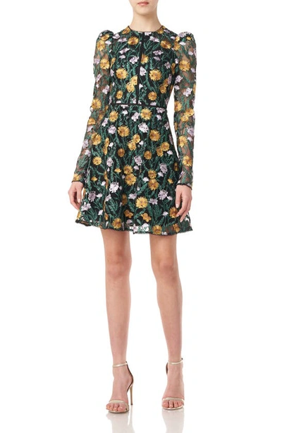 ml Monique Lhuillier Floral Embroidered Mesh Long Sleeve Minidress In Jet Multi