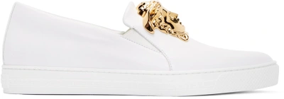 Versace Leather Slip-on Sneaker With Golden Medusa Head, White