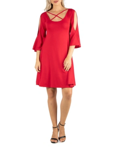 24seven Comfort Apparel Maternity Knee Length Cold Shoulder Dress In Red