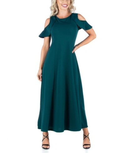 24seven Comfort Apparel Ruffle Cold Shoulder A Line Maxi Dress In Hunter
