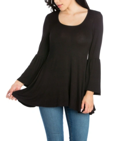 24seven Comfort Apparel Women's Long Bell Sleeve Flared Tunic Top In Black