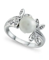 Macy's Imitation Pearl Cubic Zirconia Dragonfly Ring In Silver Plate In Silver