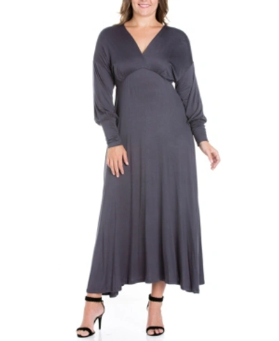 24seven Comfort Apparel Women's Plus Size Bishop Sleeves Maxi Dress In Charcoal