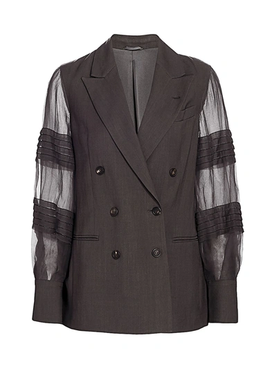 Brunello Cucinelli Women's Sheer Organza Pleat-sleeve Double Breasted Blazer In Grey