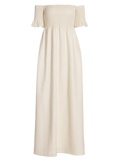 Staud Mae Smocked Off-the-shoulder Vegan Leather Maxi Dress In Ivy (white)