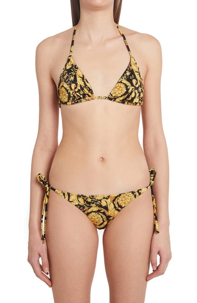 Versace Barocco Print Triangle Bikini Top In Gold Print