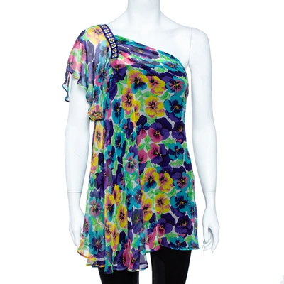 Pre-owned Versace Multicolor Floral Print Silk Asymmetric Sleeve Blouse M