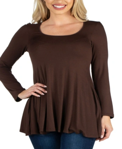 24seven Comfort Apparel Women's Long Sleeve Swing Style Flared Tunic Top In Brown