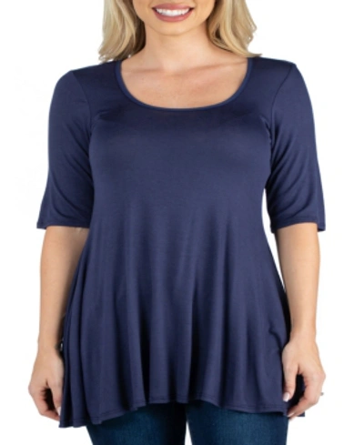24seven Comfort Apparel Plus Size Scoop Neck Elbow Sleeve Swing Tunic Top In Blue