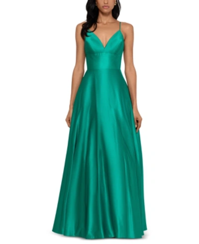 Betsy & Adam Satin Evening Gown In Kelly Green